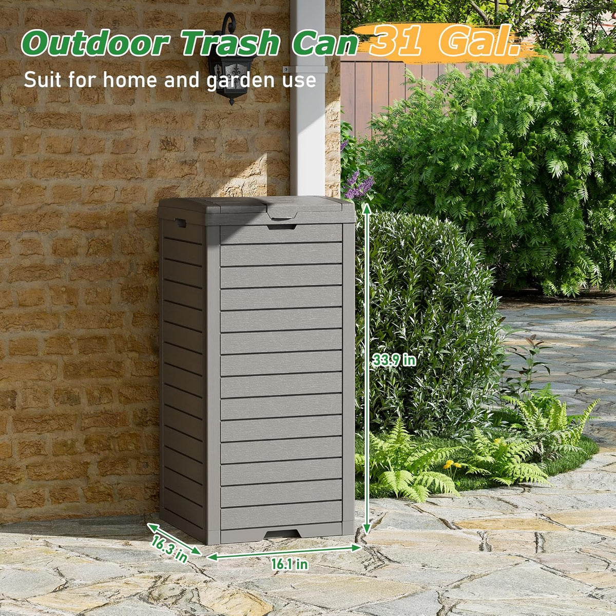 31 Gallon Outdoor Trash Can, Waterproof Resin Garbage Can with Lid and Drip Tray Easy Cleaning