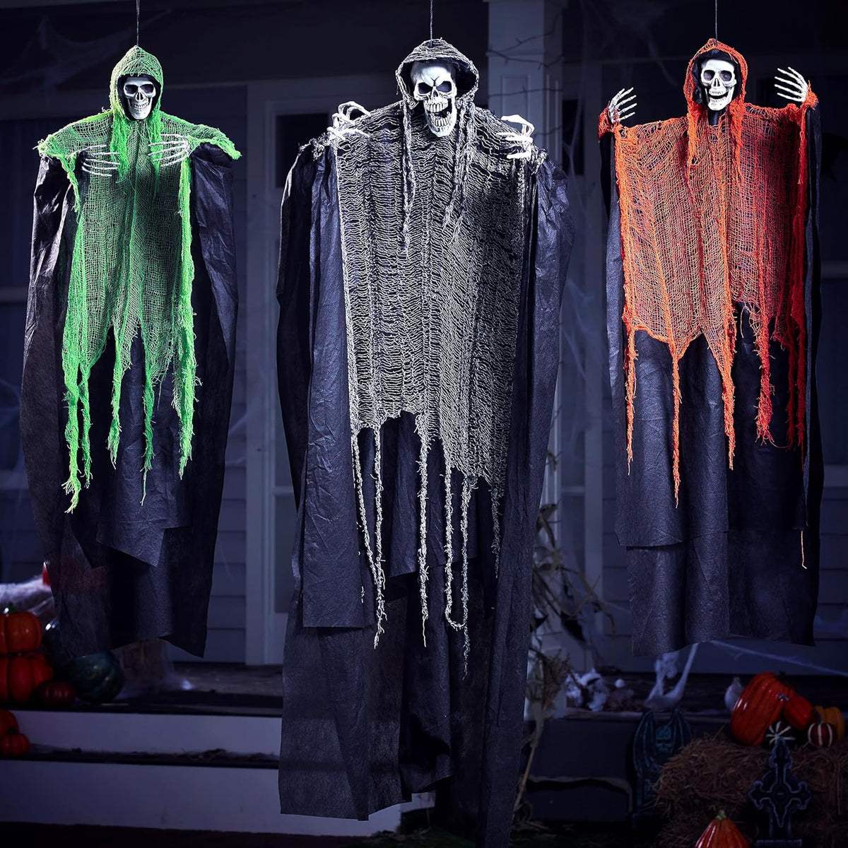 JOYIN 3 Pcs Halloween Hanging Grim Reapers, one 63” Two 47” Grim Reapers, Halloween Skeleton