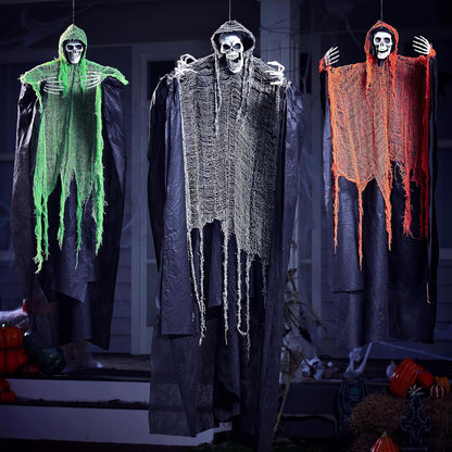 JOYIN 3 Pcs Halloween Hanging Grim Reapers, one 63” Two 47” Grim Reapers, Halloween Skeleton