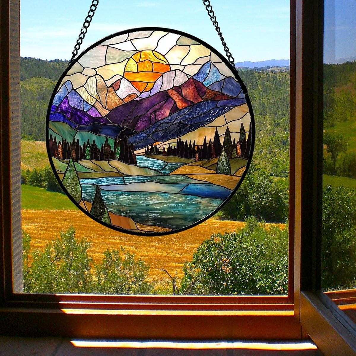 Stained Glass Window Hanging, Blue Lake Golden Sun Abstract Mountains Landscape Suncatcher for