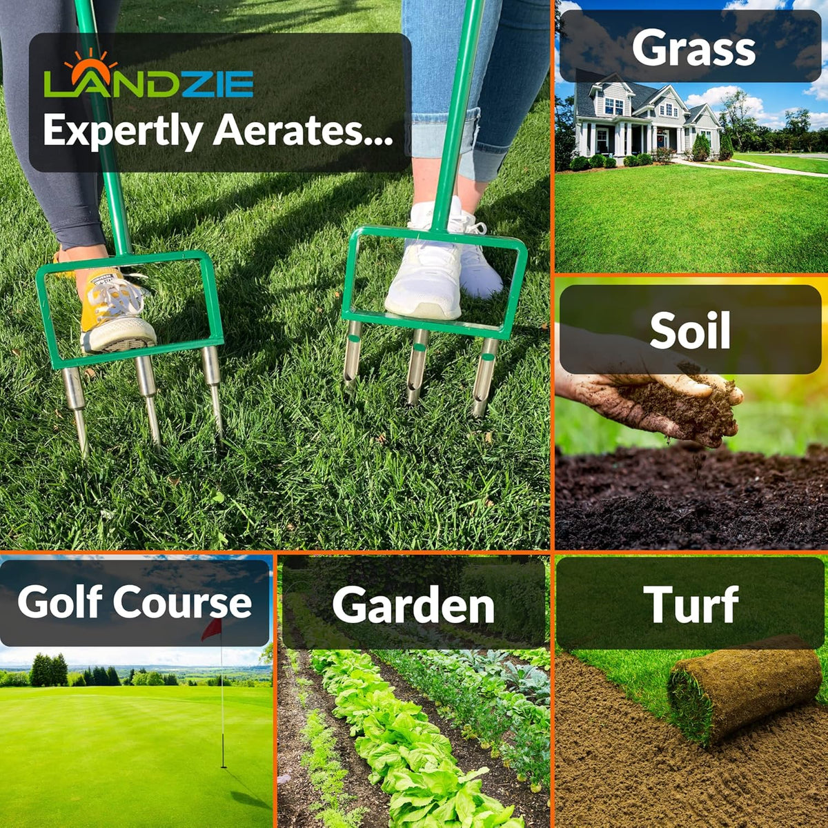 Landzie - The Original Hollow and Spike Tine Lawn Aerator Set - Includes 1 Aerator + Set of 3