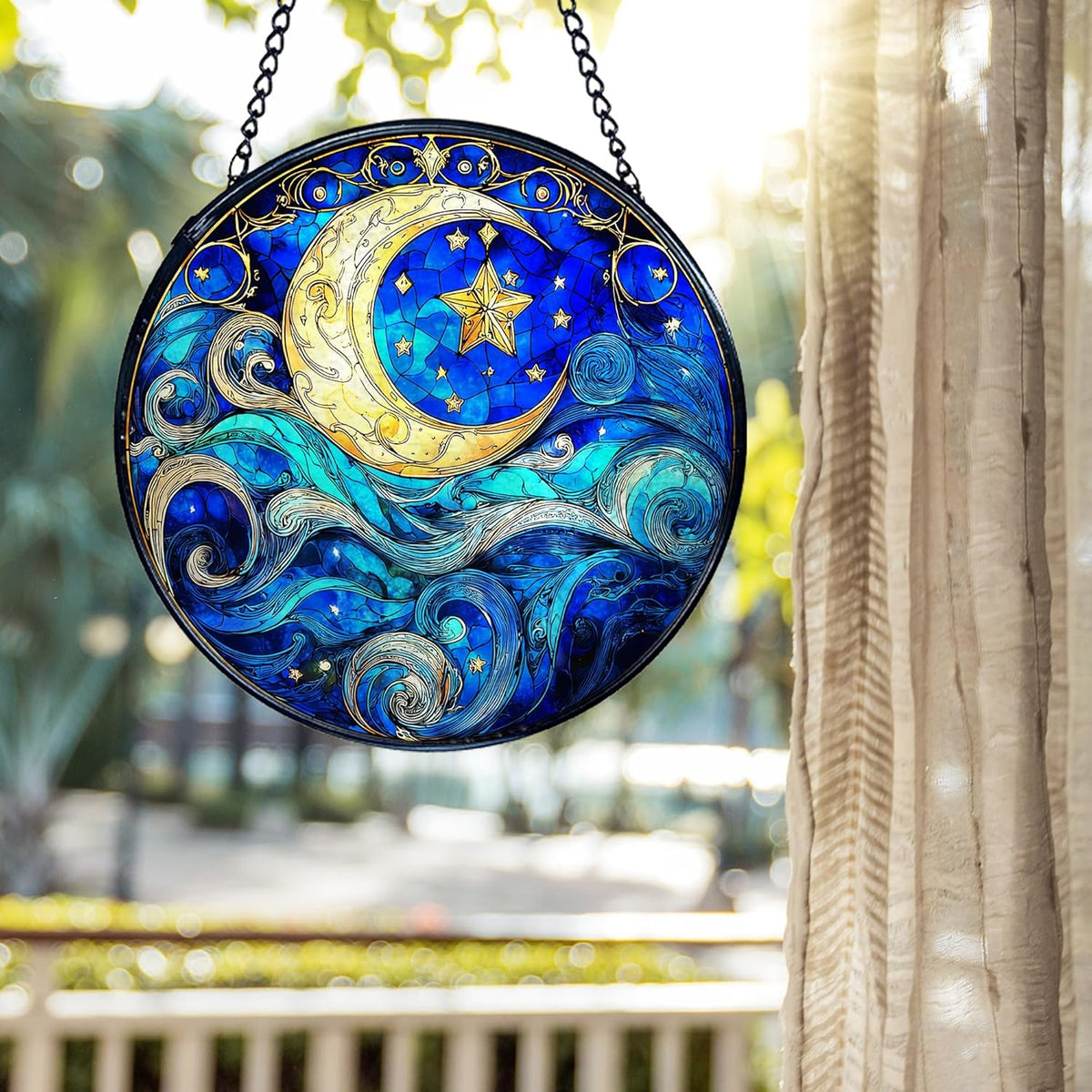 kdqua Moon and Star Suncatcher Stained Glass Window Hanging, Blue Celestial Astronomy Sun Catchers
