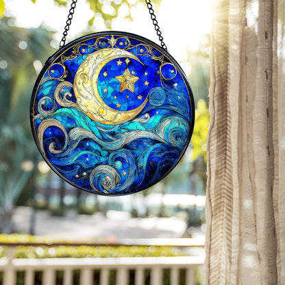 kdqua Moon and Star Suncatcher Stained Glass Window Hanging, Blue Celestial Astronomy Sun Catchers