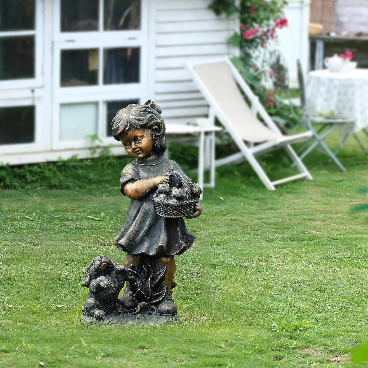 LuxenHome Garden Decor Statue,23" Fiber Stone Girl and Puppy Outdoor Statue, Bronze Garden