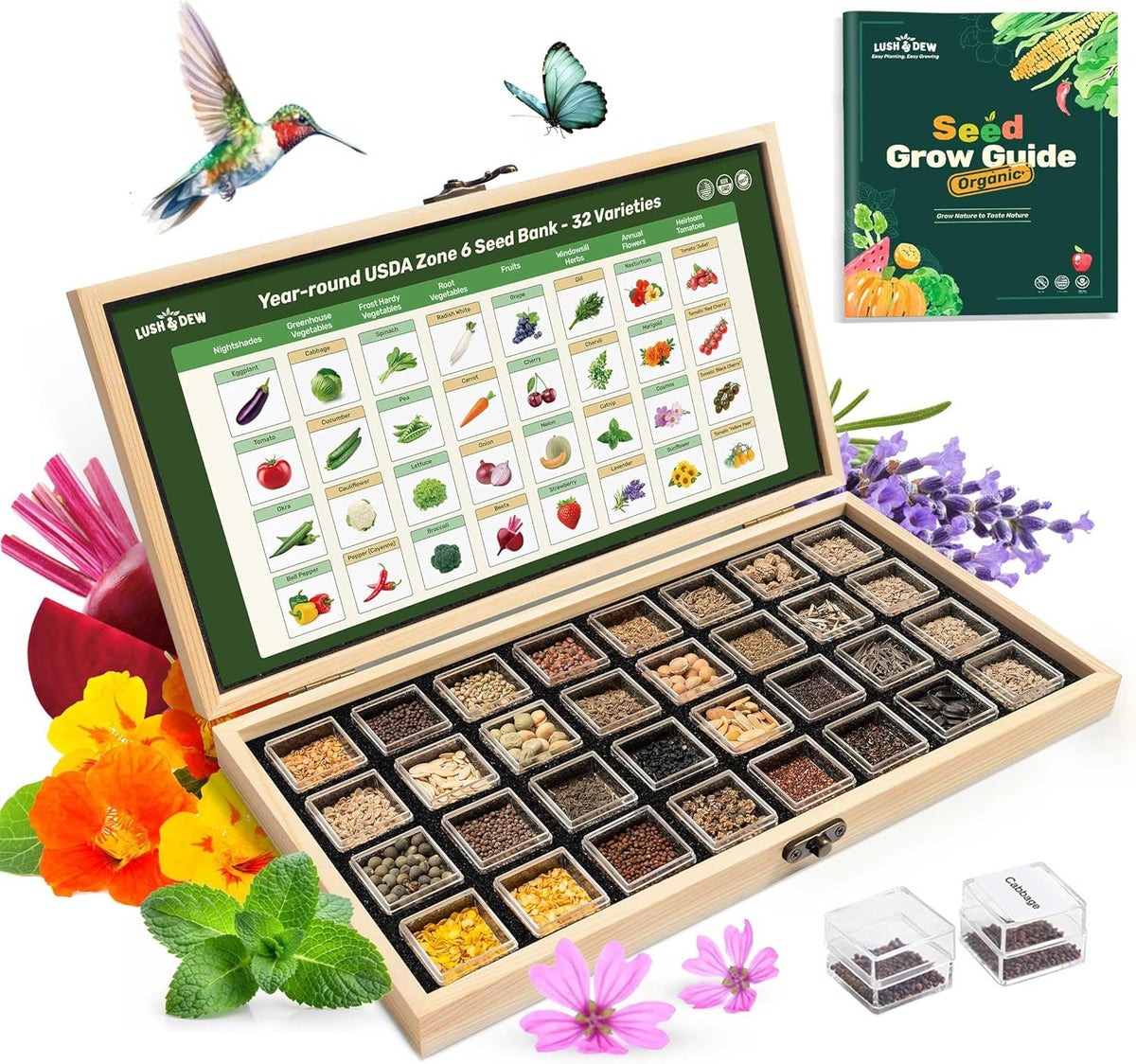 Lush&Dew Year-Round USDA Zone 6 Heirloom Survival Seed Kit, 32 Varieties 32,000+ Seeds for Planting