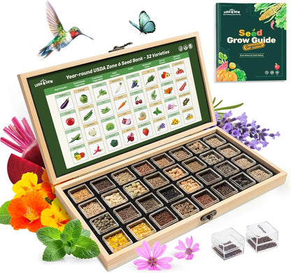 Lush&Dew Year-Round USDA Zone 6 Heirloom Survival Seed Kit, 32 Varieties 32,000+ Seeds for Planting