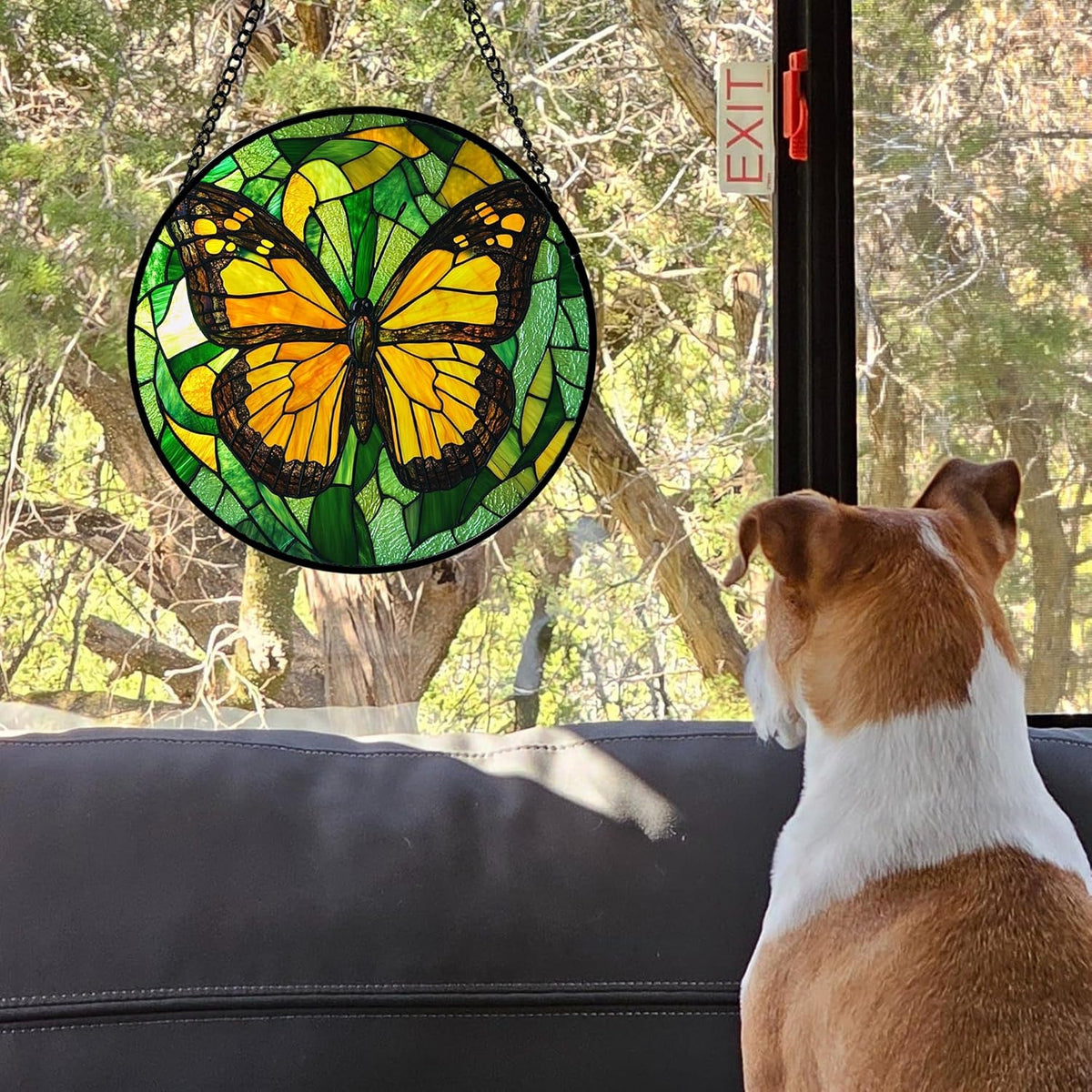 Stained Glass Window Hanging 4 Pcs Set Green Plants Yellow Insect Theme 6.3" - Suncatcher Door