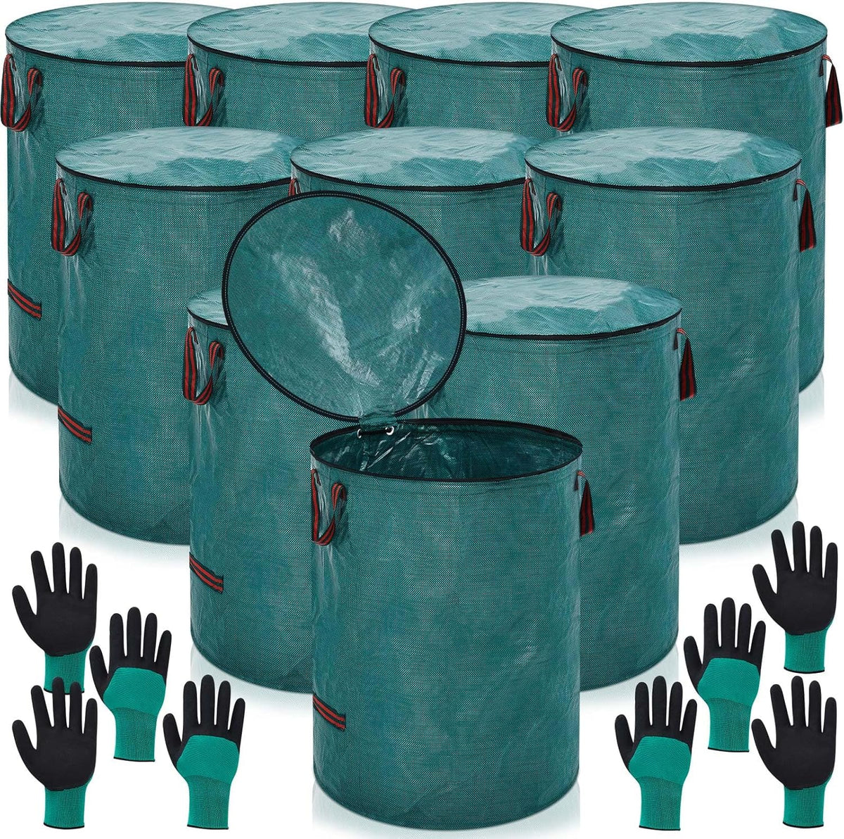 10 Pcs 72 Gallons Yard Waste Bags with Lid and 4 Pairs Gardening Coated Gloves Leaf Bags (h30" x