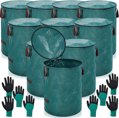 10 Pcs 106 Gallons Yard Waste Bags with Lid and 4 Pairs Gardening Coated Gloves Leaf Bags (h30" x