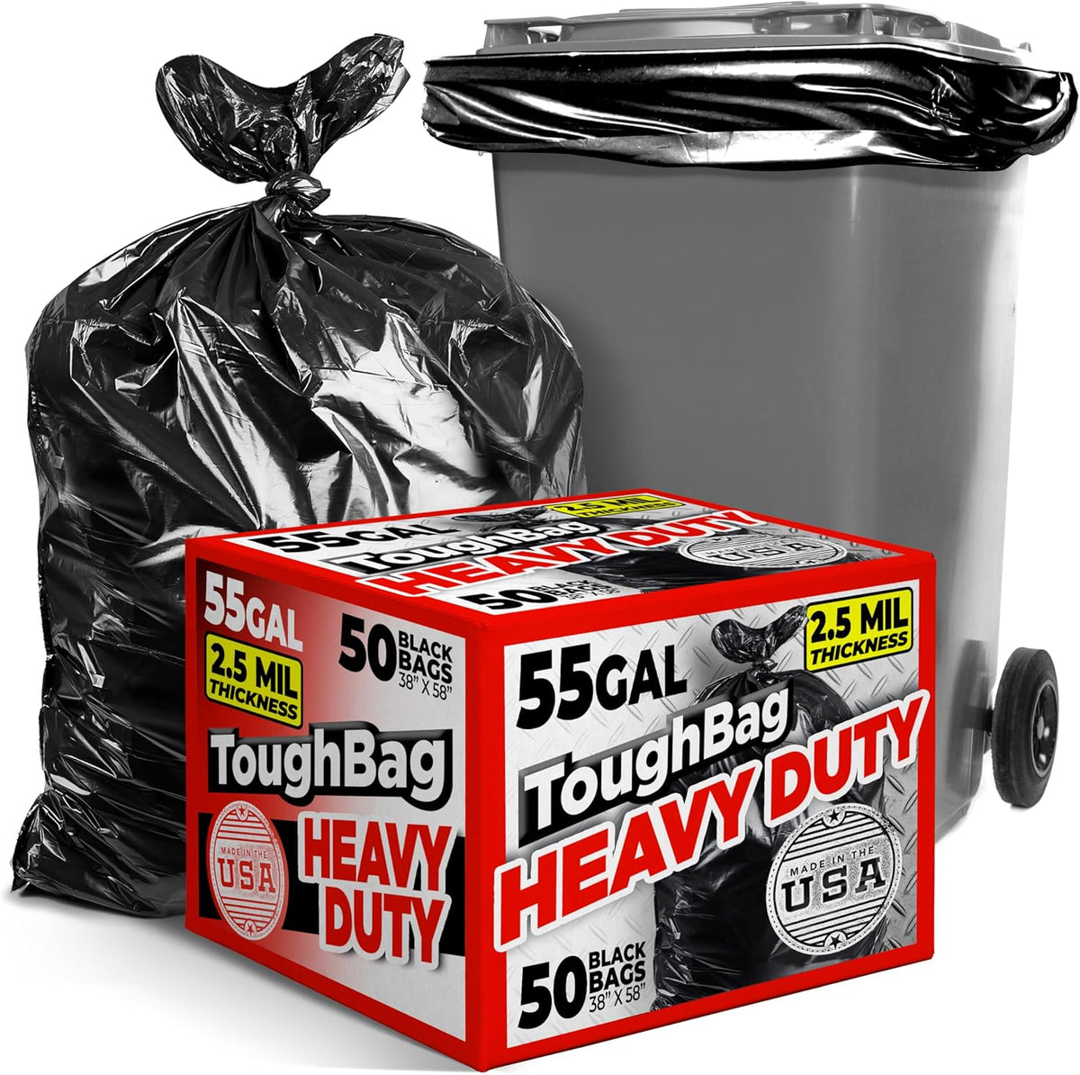 ToughBag 55 Gallon Trash Bags, 2.5 Mil Contractor Bags - 50 Count, Large 55-60 Gallon Trash Can