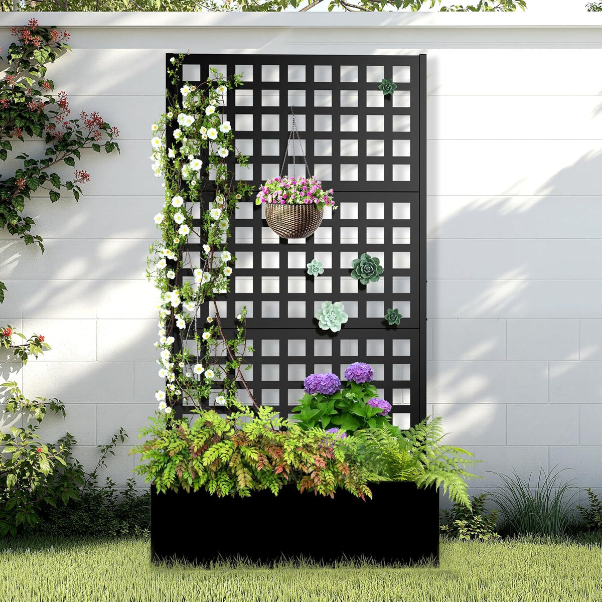 Metal Raised Garden Bed with Trellis, 2 in 1 Trellis with Planter Box & Privacy Screen for Climbing