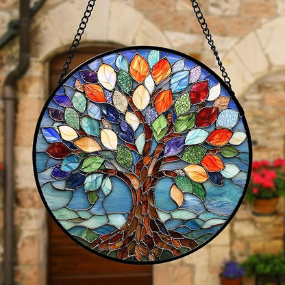 Stained Glass Window Hanging, Colorful Tree of Life Sun Catchers Glass Panel Blue Suncatcher Decor