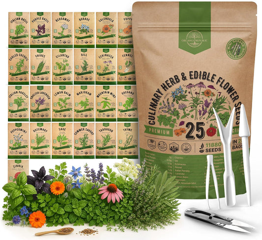 25 Culinary Herbs & Edible Flower Seed Variety Pack for Planting Indoor & Outdoors. 11900+ Non-GMO