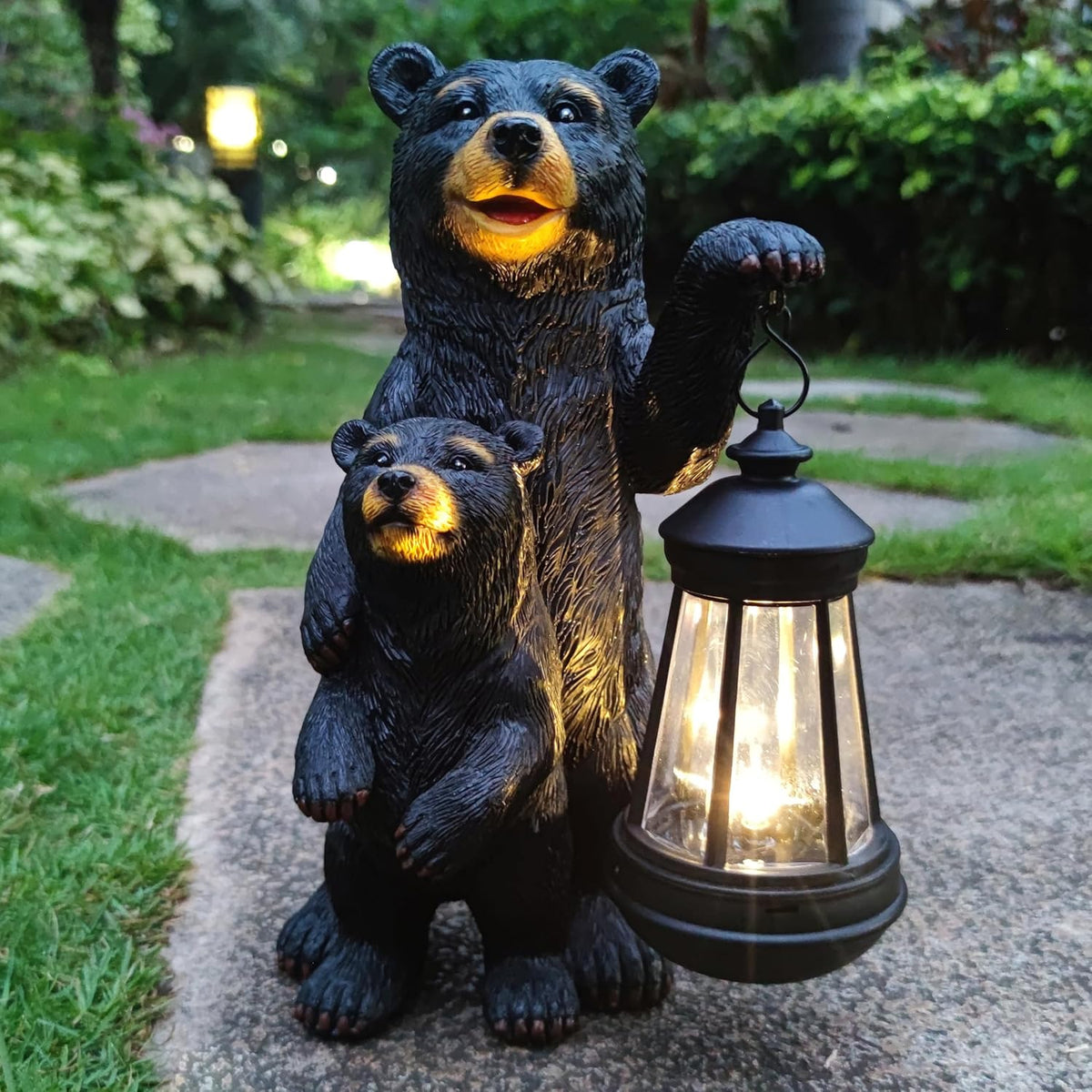 Black Bear Solar Lantern Garden Statues，Loving Bear Figurine Lights for Outside Decoration ,Lawn
