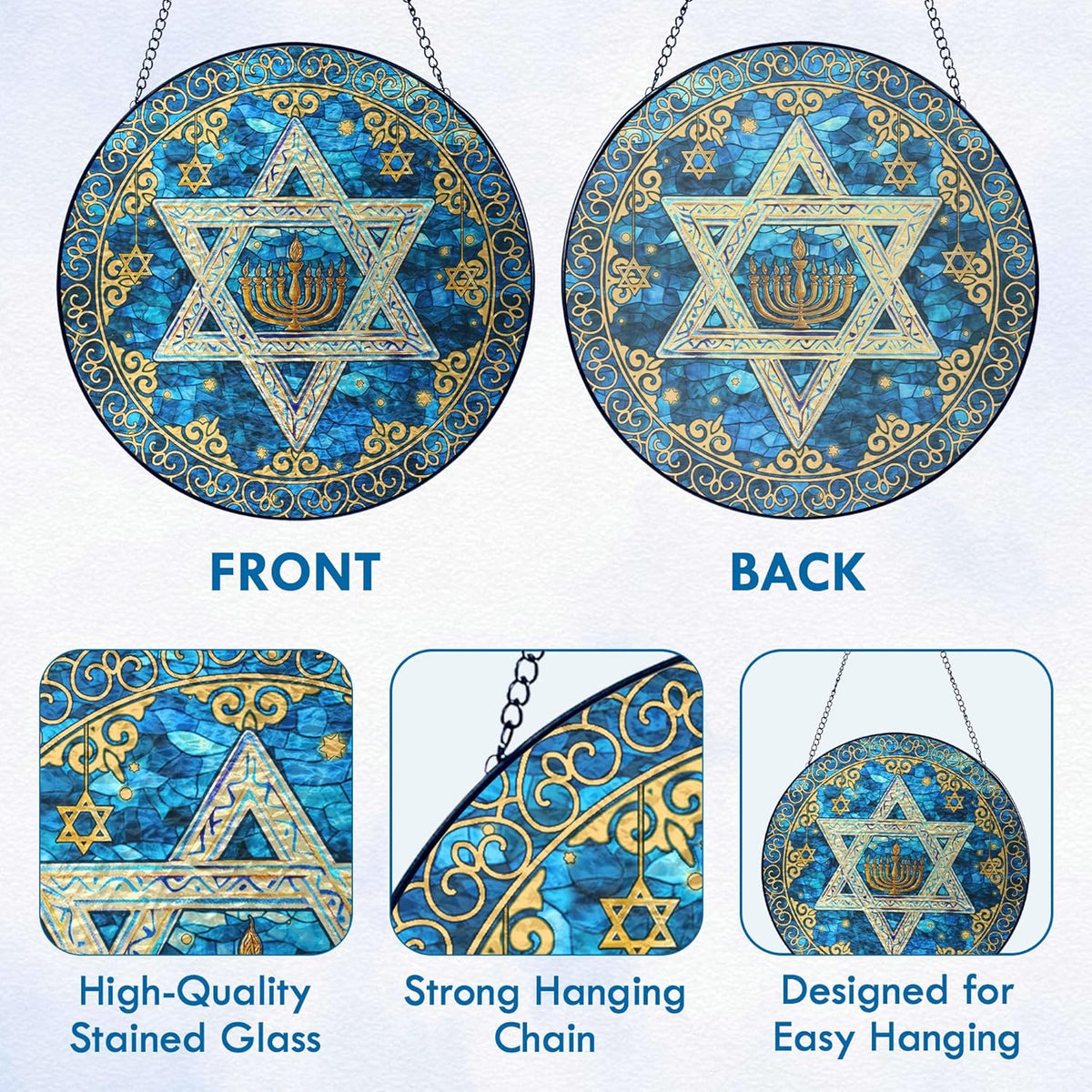 FLAGWIX Christmas Hanukkah Gifts for Women Men - Star of David Stained Glass Window Hanging 10 in