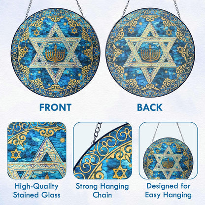 FLAGWIX Christmas Hanukkah Gifts for Women Men - Star of David Stained Glass Window Hanging 10 in