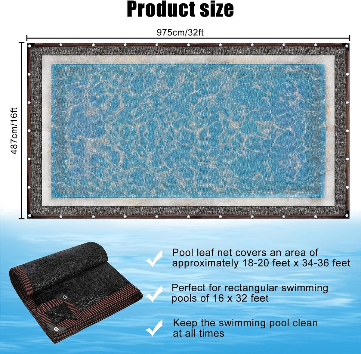 16 x 32FT Pool Leaf Net Cover- Thicken Rectangle Leaf Netting for Inground and Above Ground