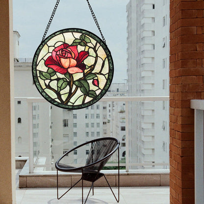 Stained Glass Window Hanging, Red Rose Flowers Sun Catcher for Door Garden Home Decor Suncatcher