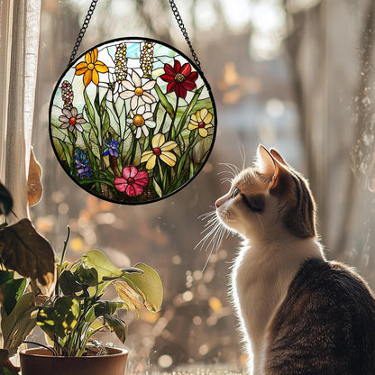 Stained Glass Window Hanging, Colorful Wildflowers Plant Scenery Suncatcher for Doors Window Home