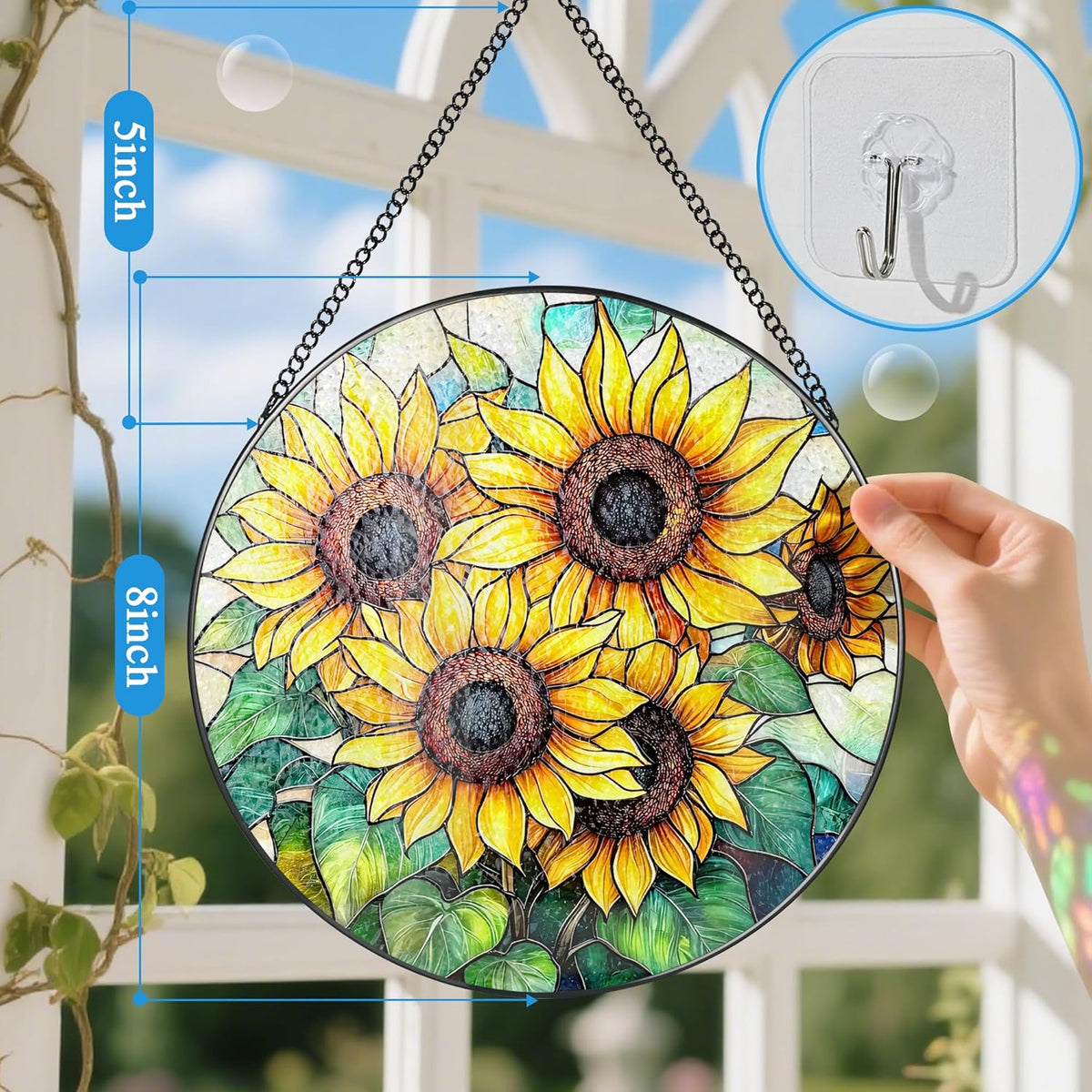 Stained Glass Window Hanging, 8 Inch Sunflower Stained Glass Suncatcher, Suncatchers for Windows