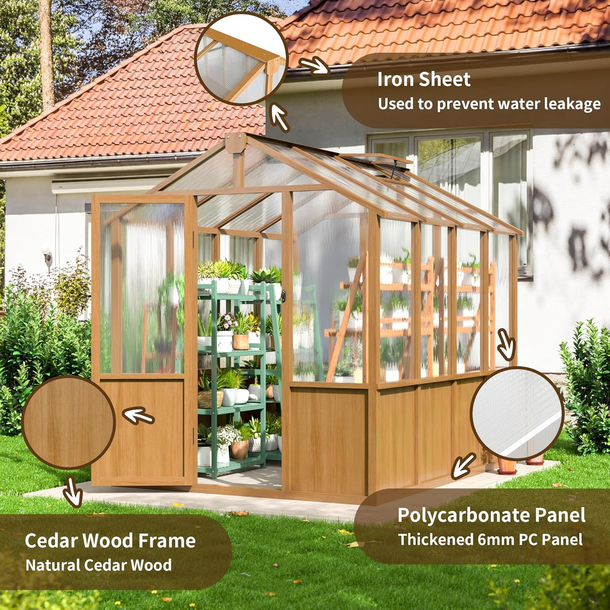 6x8 FT Greenhouse, Wooden Walk-in Greenhouse for Outdoors with 6MM Thick Polycarbonate Panel and