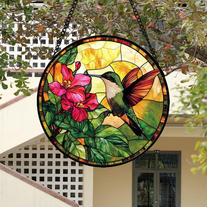 Stained Glass Suncatcher, Hummingbird Red Flowers Green Leaves Sun Catcher Stain Glass Window