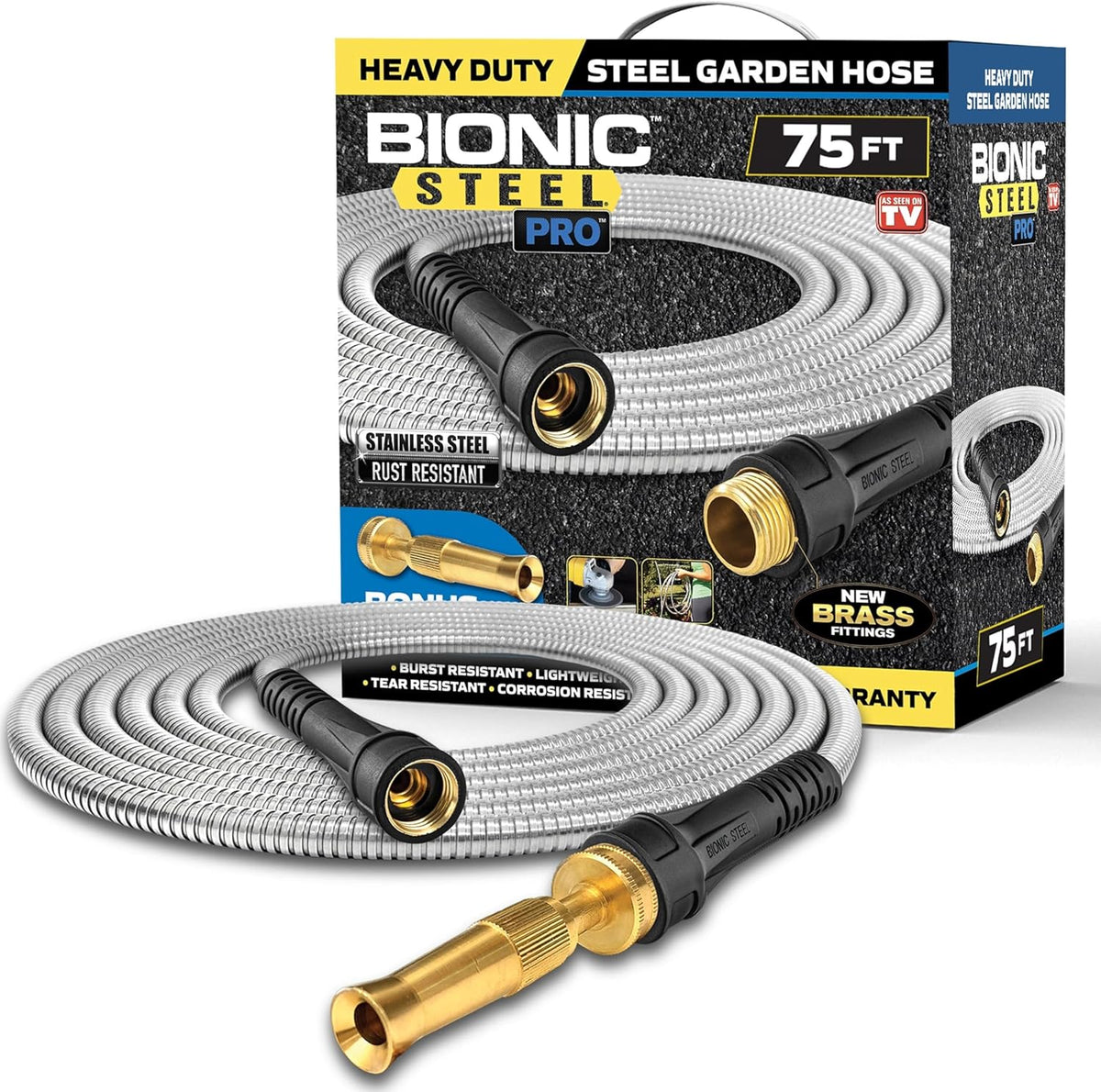 Bionic Steel PRO 75ft Garden Hose with Nozzle, 304 Stainless Steel Metal 75ft Water Hose Flexible