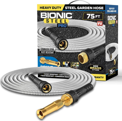 Bionic Steel PRO 75ft Garden Hose with Nozzle, 304 Stainless Steel Metal 75ft Water Hose Flexible