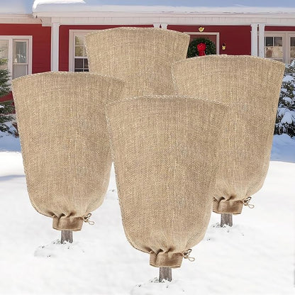 Riare 4 Packs 24 × 40 Inch Burlap Winter Plant Cover Bags with Drawstring- Reusable Large Burlap