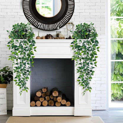 Waipfaru 2Pcs Fake Hanging Plants with Pot Deep Green Eucalyptus Leaves UV Resistant Fake Vines Ivy