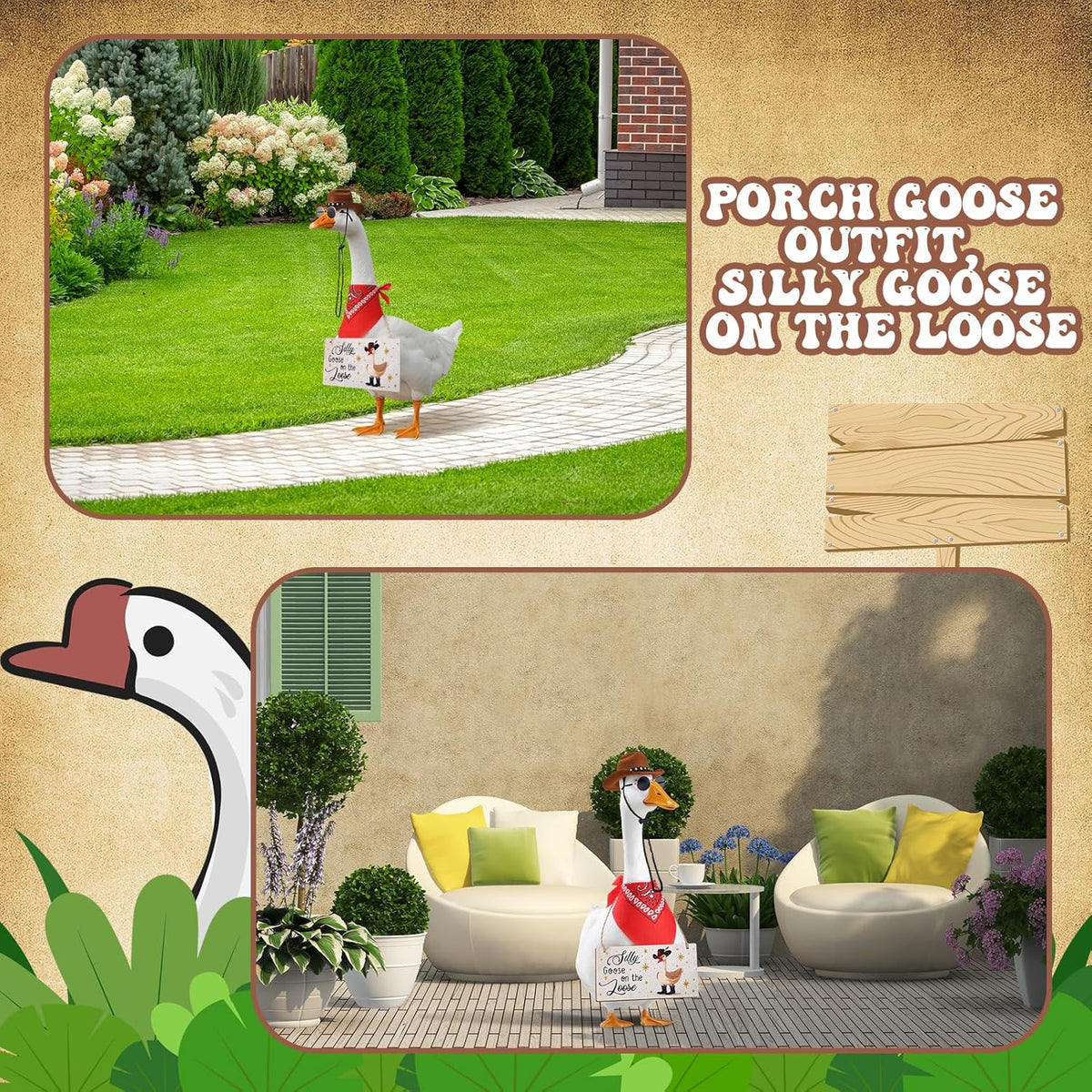 4pcs Western Cowboy Porch Goose Outfits, Silly Goose on The Loose Hangings Sign Cowboy Hat Bandana