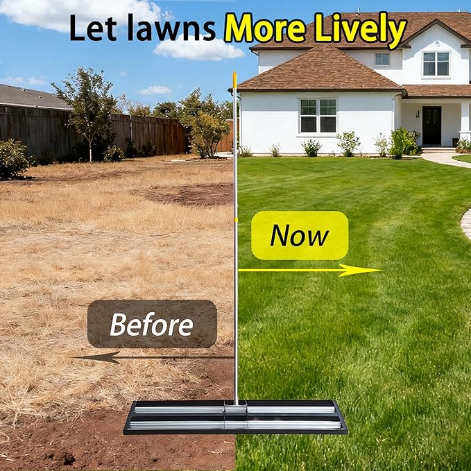30"x10"Lawn Leveling Rake with Aluminum Rollers, Stainless Steel Yard Lawn Leveler Tool with