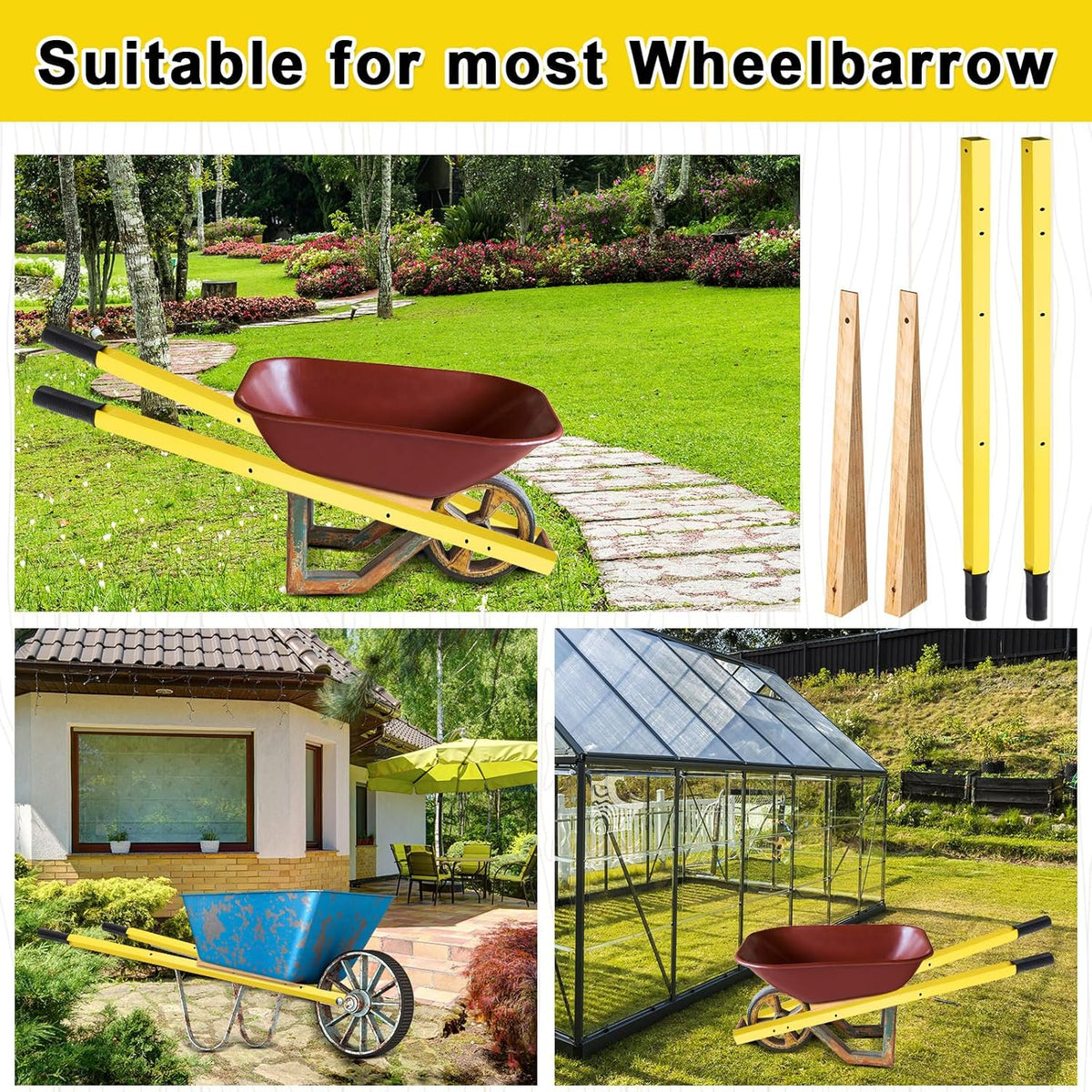WILLBOND 1 Pair Wheelbarrow Replacement Handles Kit 60 Inches Metal Wheelbarrow Handles Yellow