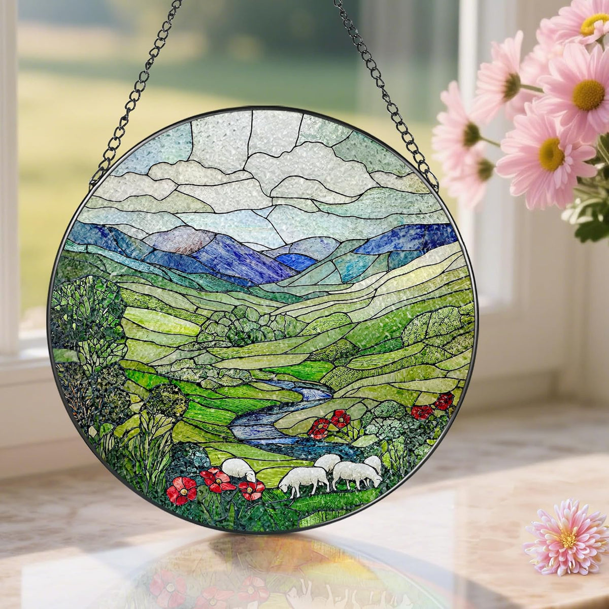 Stained Glass Window Hanging, Pauyadu 8 Inch Green Irish Hills Stained Glass Suncatcher, Window
