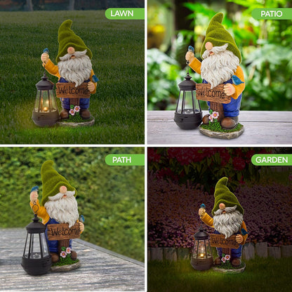 Christmas Garden Gnomes Outdoor - Flocked Gnome Statue Holding Lantern with Solar LED Lights |