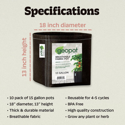 GeoPot 15 Gallon Fabric Grow Bags for Vegetables, Houseplants, Herbs & Flowers | 5-Pack | Aerated