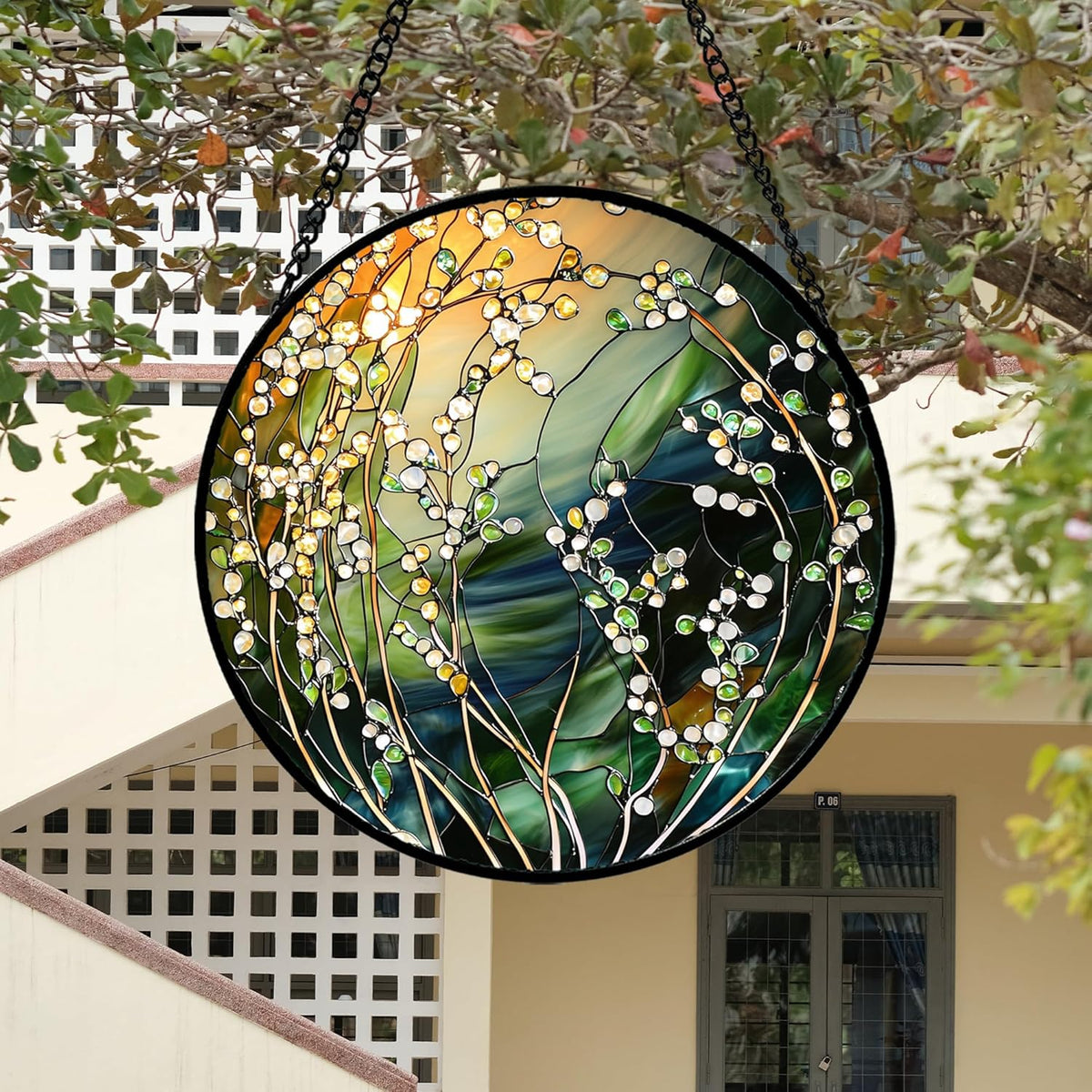 Stained Glass Suncatcher, Yellow Green Gradient Flower Sun Catcher Plants Stain Glass Window