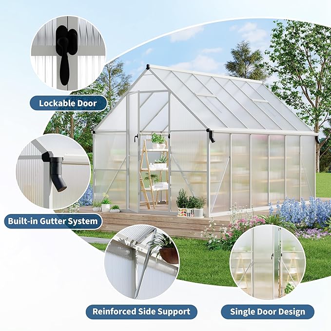 8'X12' Aluminum-Framed Polycarbonate Greenhouse, Heavy Duty Polycarbonate Greenhouse with Quick