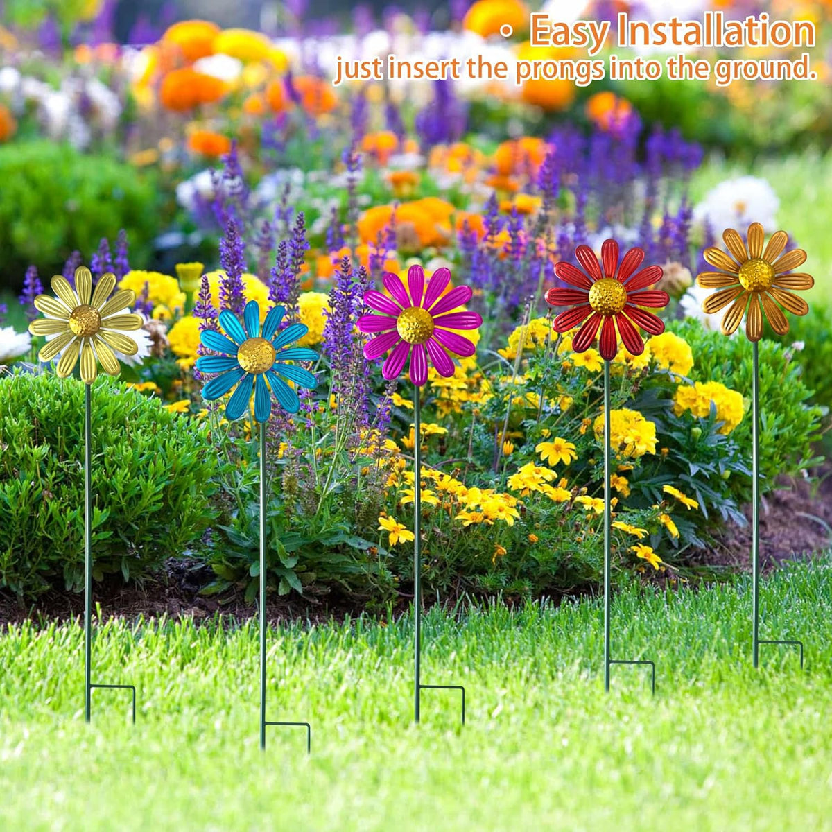 5pcs Wind Spinners Metal Colorful Flowers Garden Stake, Small Daisy Pinwheels, 27" Windmill for