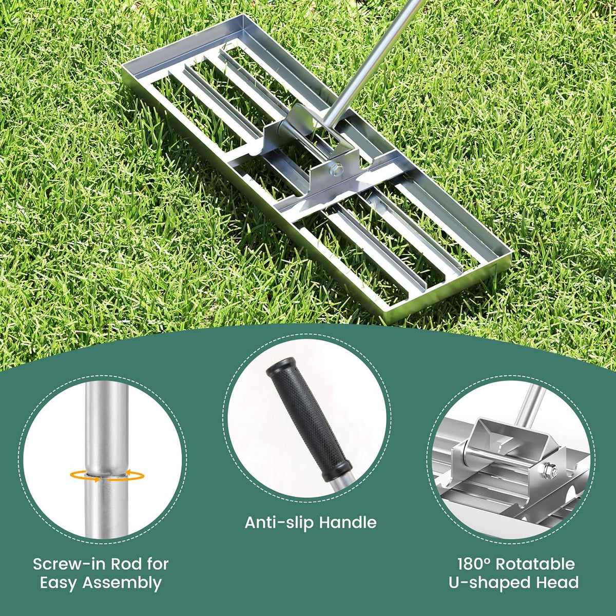 Goplus Lawn Leveling Rake, 30" x 10" Heavy Duty Level Lawn Tool w/ Ergonomic Handle for Soil