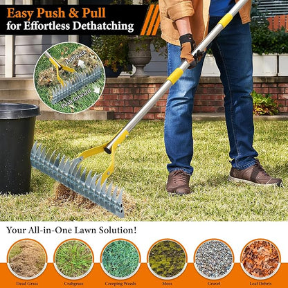 Thatch Rake for Lawns - 15in Dual-Action Dethatching Rake with 70'' Handle, Heavy Duty Manual