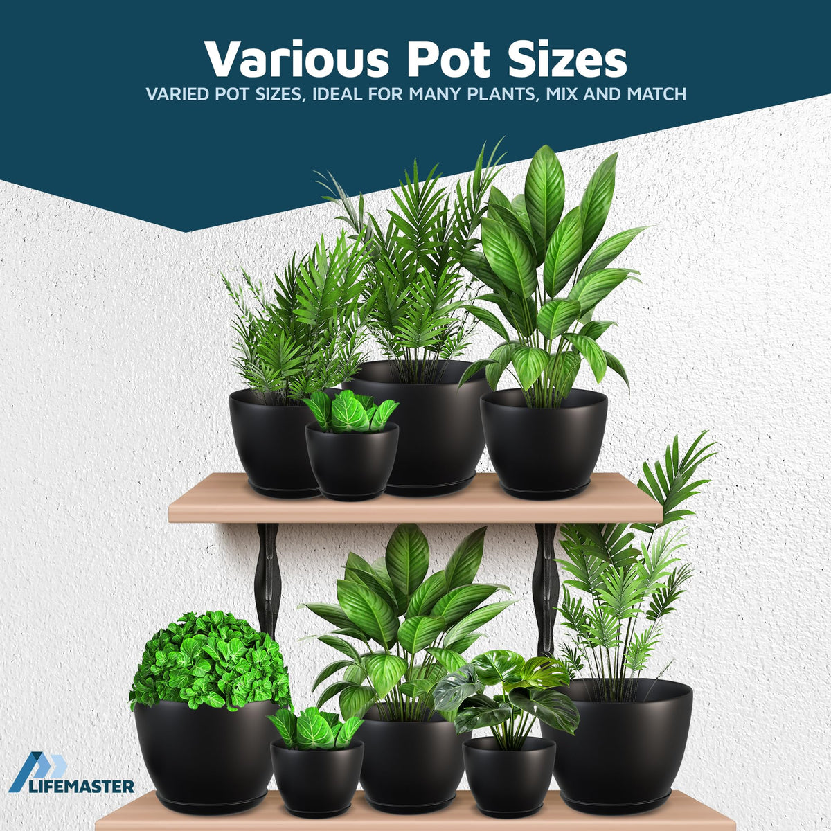 Lifemaster Plant Pots with Multi Drainage Holes - 10 Pieces Versatile, Sturdy Plastic, Stackable