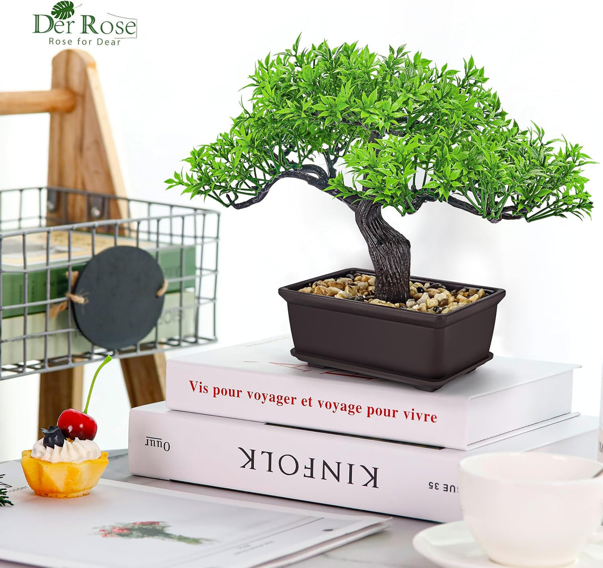 Der Rose 8'' Artificial Bonsai Tree Small Fake Potted Plants for Zen Japanese Home Office Desk