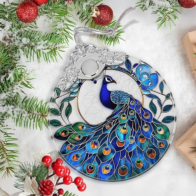 Stained Glass Suncatcher Ornament - Peacock Christmas Decorations - Christmas Ornaments for Tree