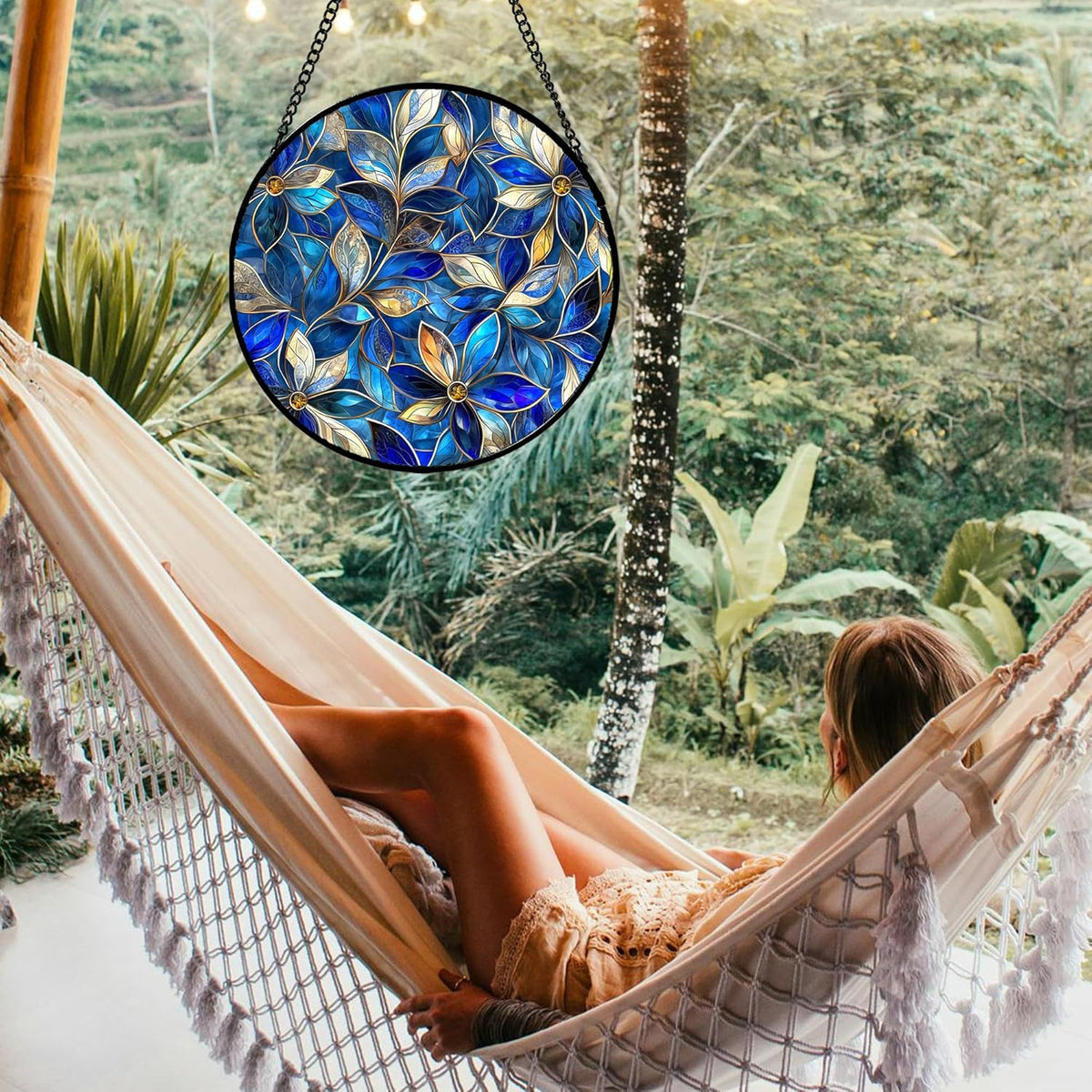 Stained Glass Window Hanging - Blue Gold Abstract Flowers Suncatcher for Door Terrace Garden Home