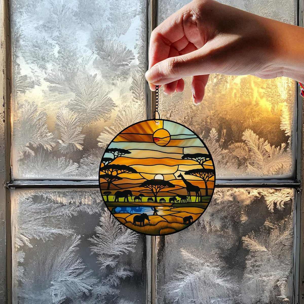 Acrylic Stained Glass Suncatcher Ornament – African Safari Sunset with Giraffes Elephants Trees – 4