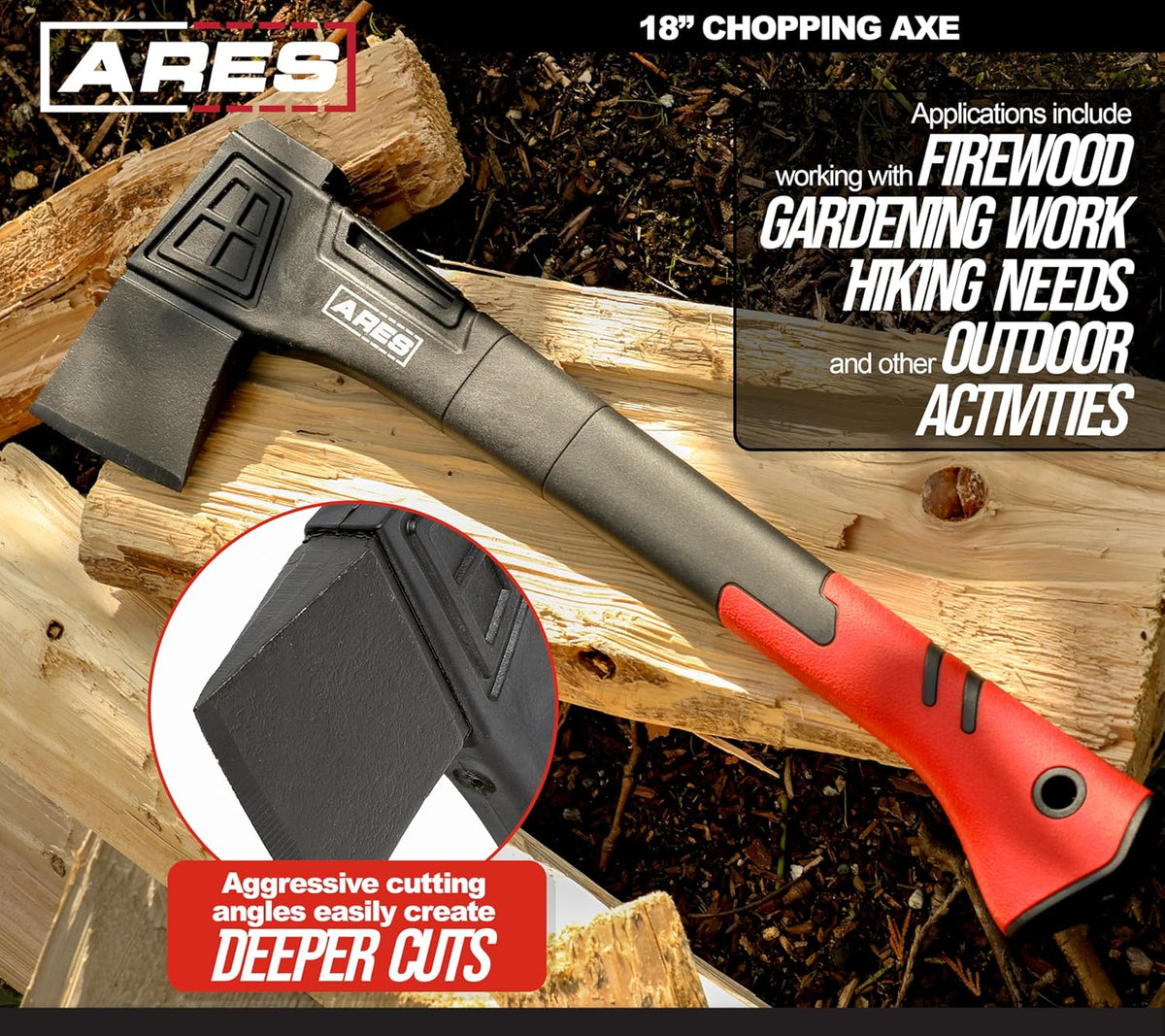 ARES 45005 – 18-Inch Chopping Axe – Lightweight Fiberglass Handle Construction – High-Carbon Steel