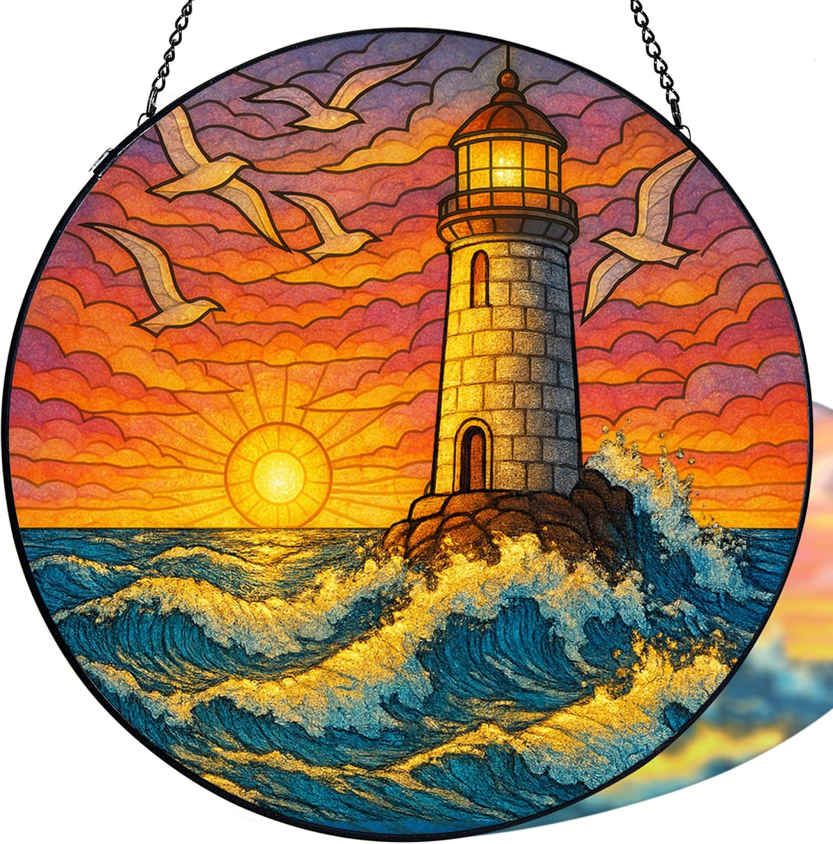 Stained Glass Window Hanging,Lighthouse Sun Catchers Stained Glass Panels for Indoor Windows Wall