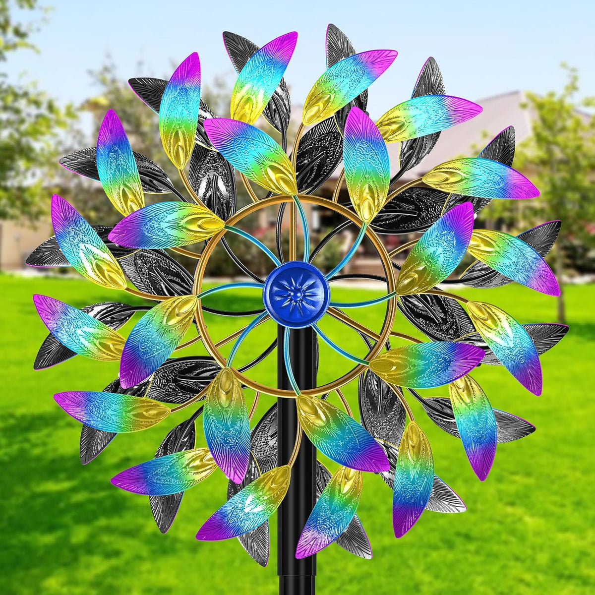 Metal Outdoor Wind Spinner, 2-Way Wind Sculpture Spinner with Metal Stake, Waterproof 360 Degrees