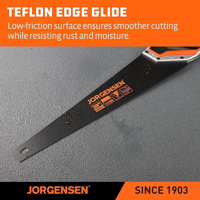 JORGENSEN 20 Inch Black Coated Pro Hand Saw, 11 TPI Fine-Cut Ergonomic Non-Slip Aluminum Ultrasonic